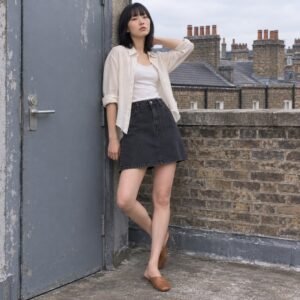 Foubert A-Line Denim Skirt — Skirts & Dresses by YOON SYM. worn by a model.
