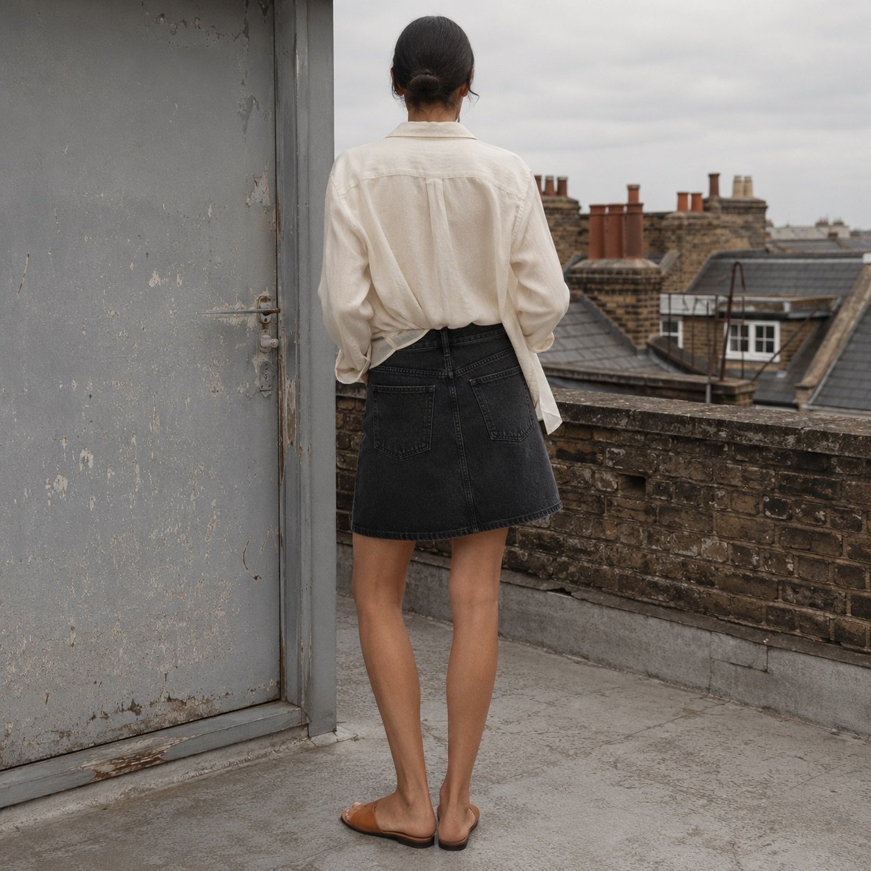 Foubert A-Line Denim Skirt — Skirts & Dresses by YOON SYM. worn by a model, side view.