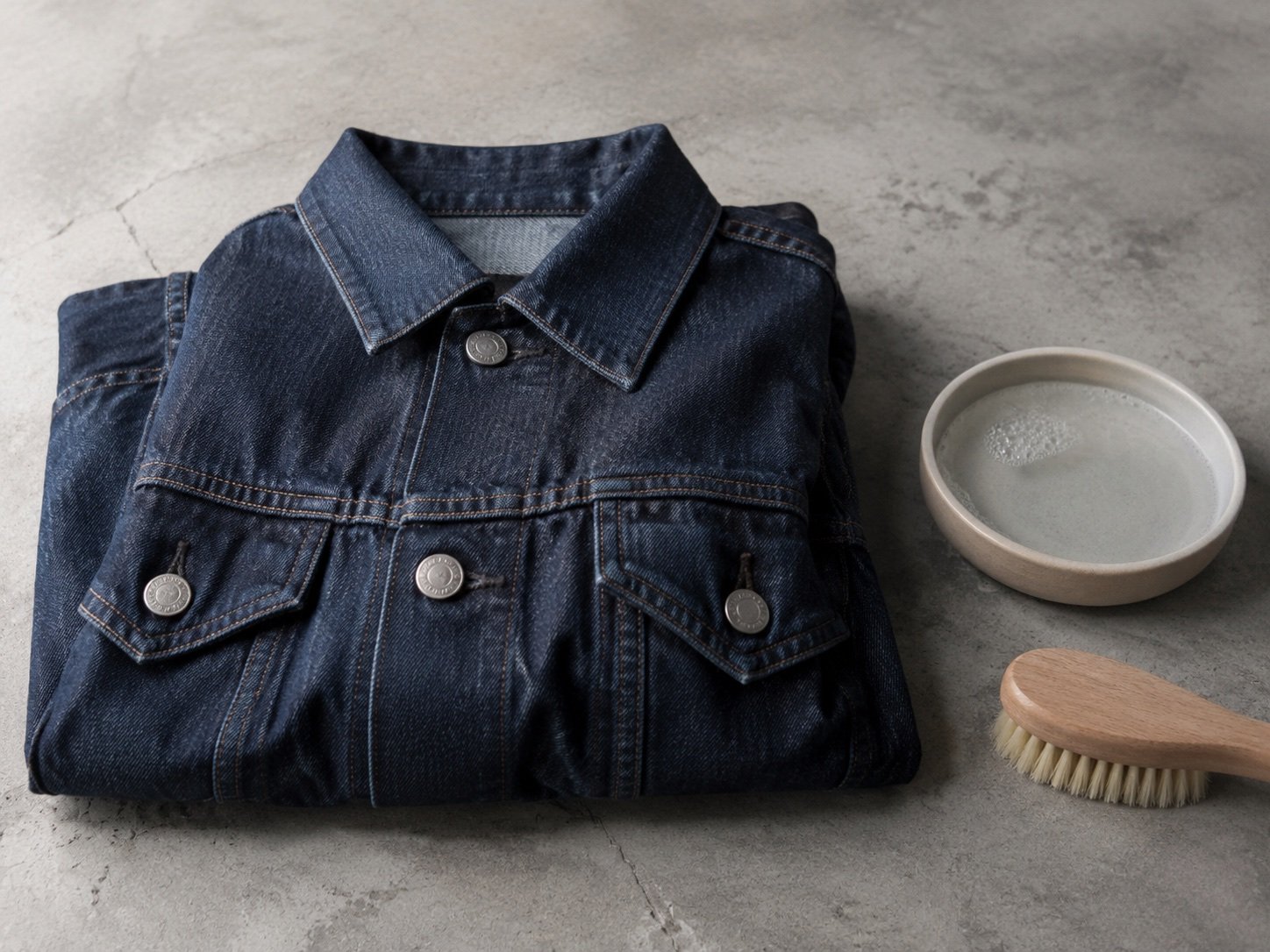 A folded lambswool jumper beside wool detergent flakes and a garment brush
