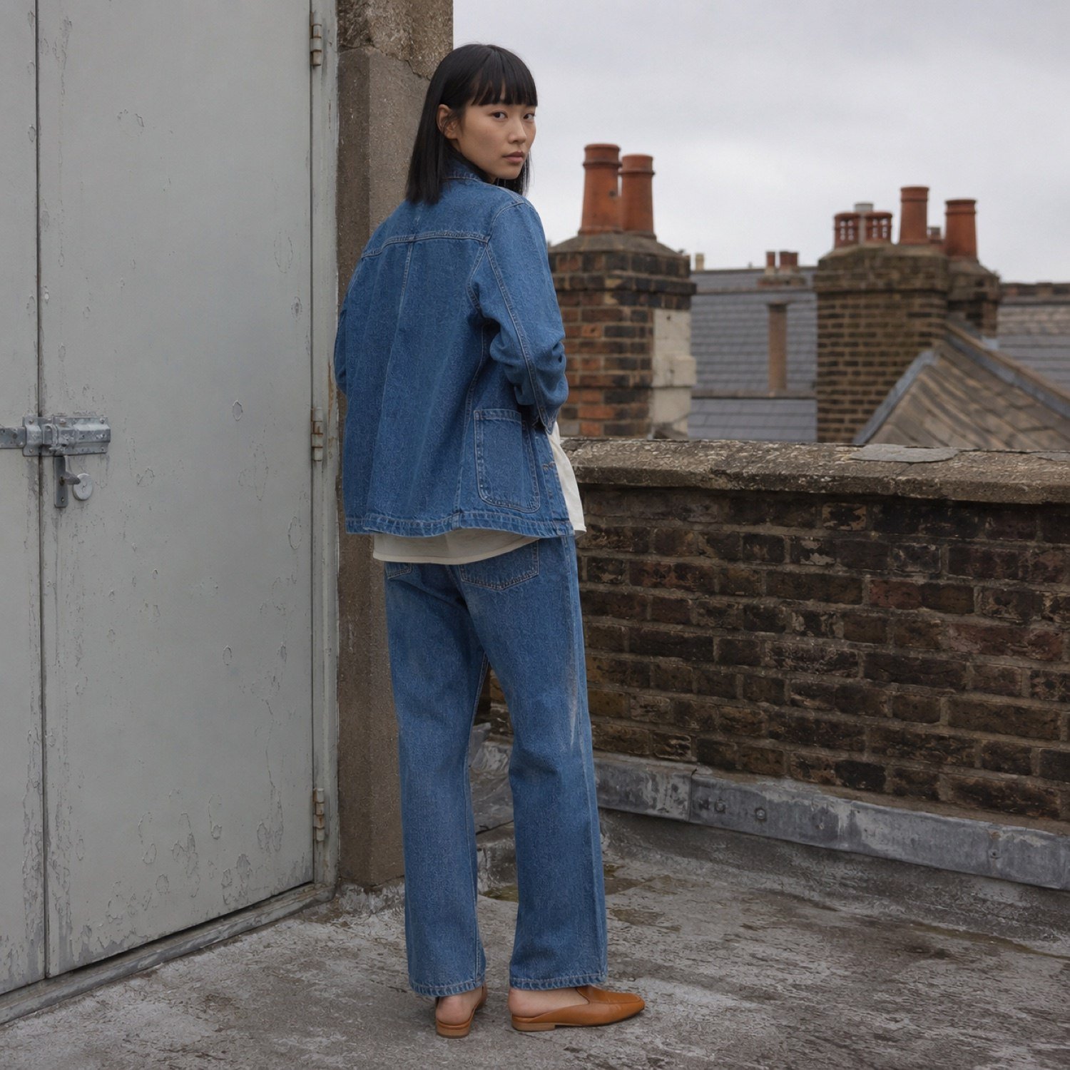 Warwick Denim Chore Jacket — Denim Jackets by YOON SYM. worn by a model, side view.