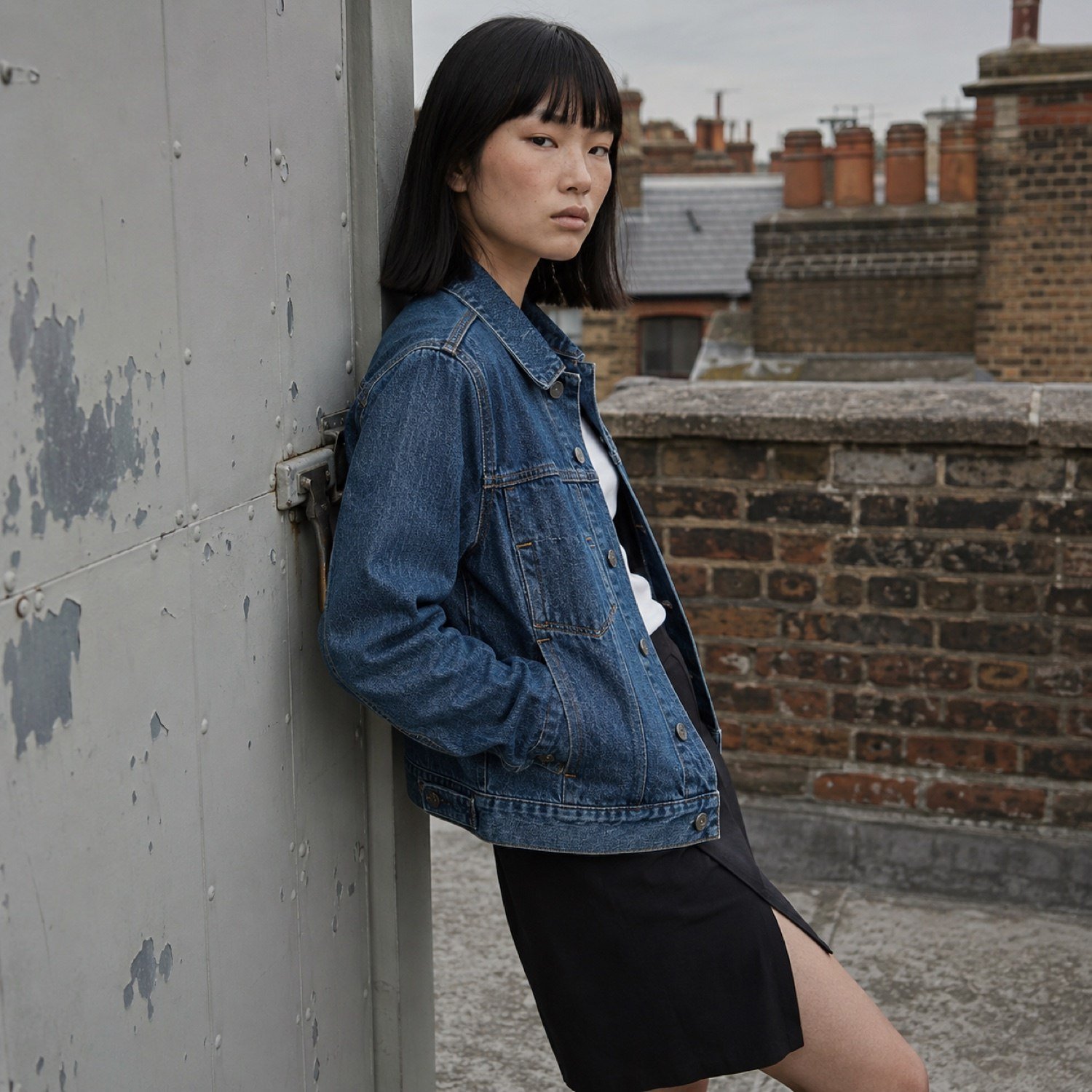 Poland Classic Trucker Jacket — Denim Jackets by YOON SYM. worn by a model, side view.