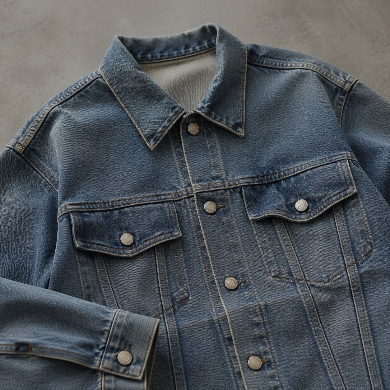 Foubert Oversized Trucker Jacket — Denim Jackets by YOON SYM. close detail of the fabric and finish.