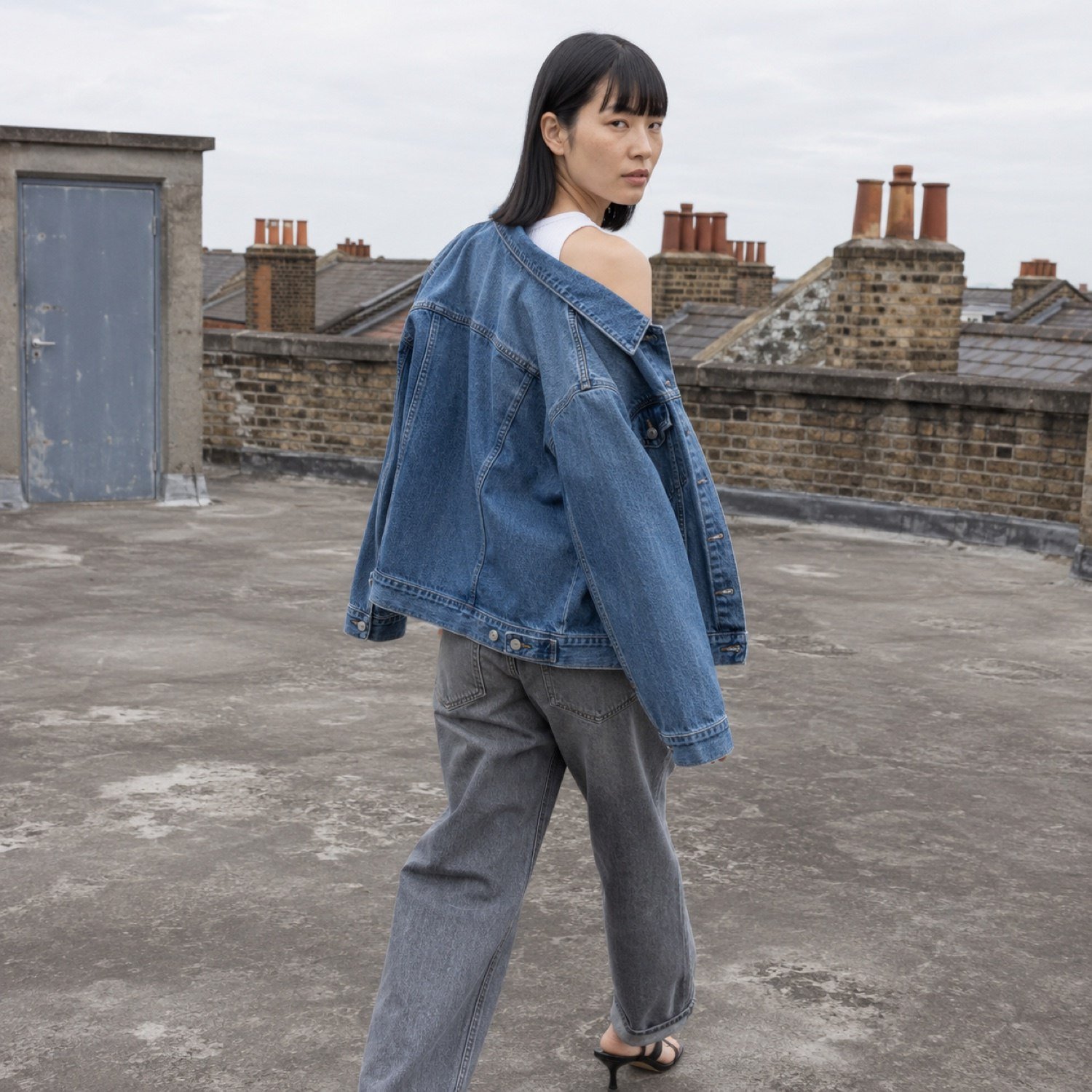 Soho Oversized Trucker Jacket — Denim Jackets by YOON SYM. worn by a model, side view.