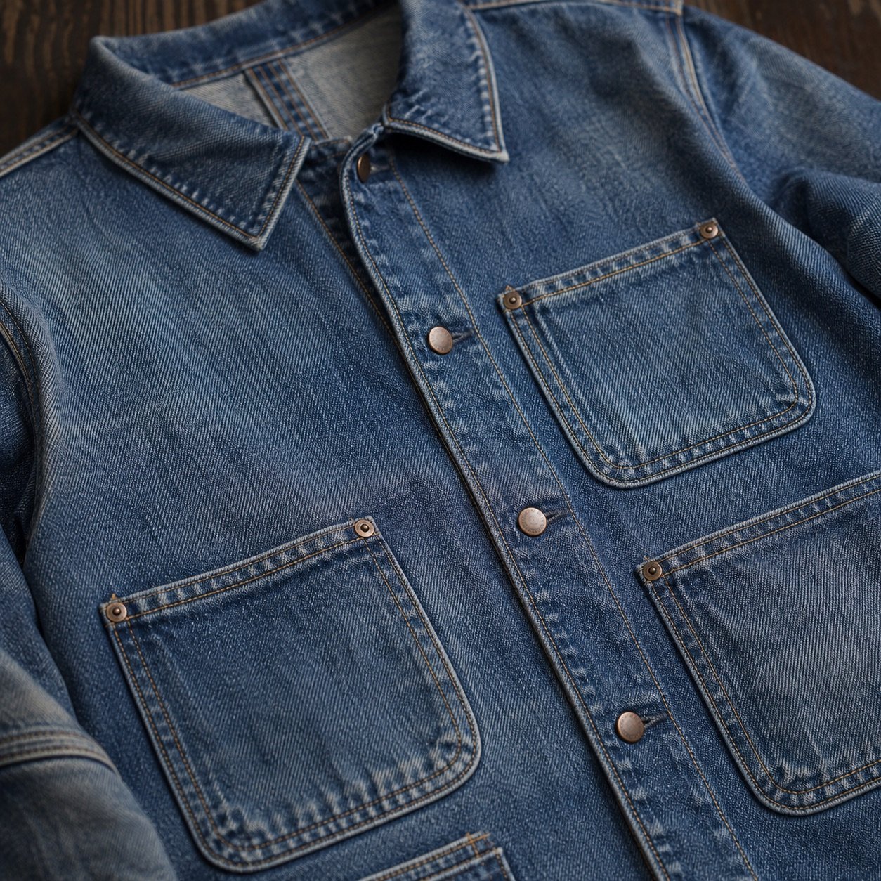 Broadwick Denim Chore Jacket — Denim Jackets by YOON SYM. close detail of the fabric and finish.