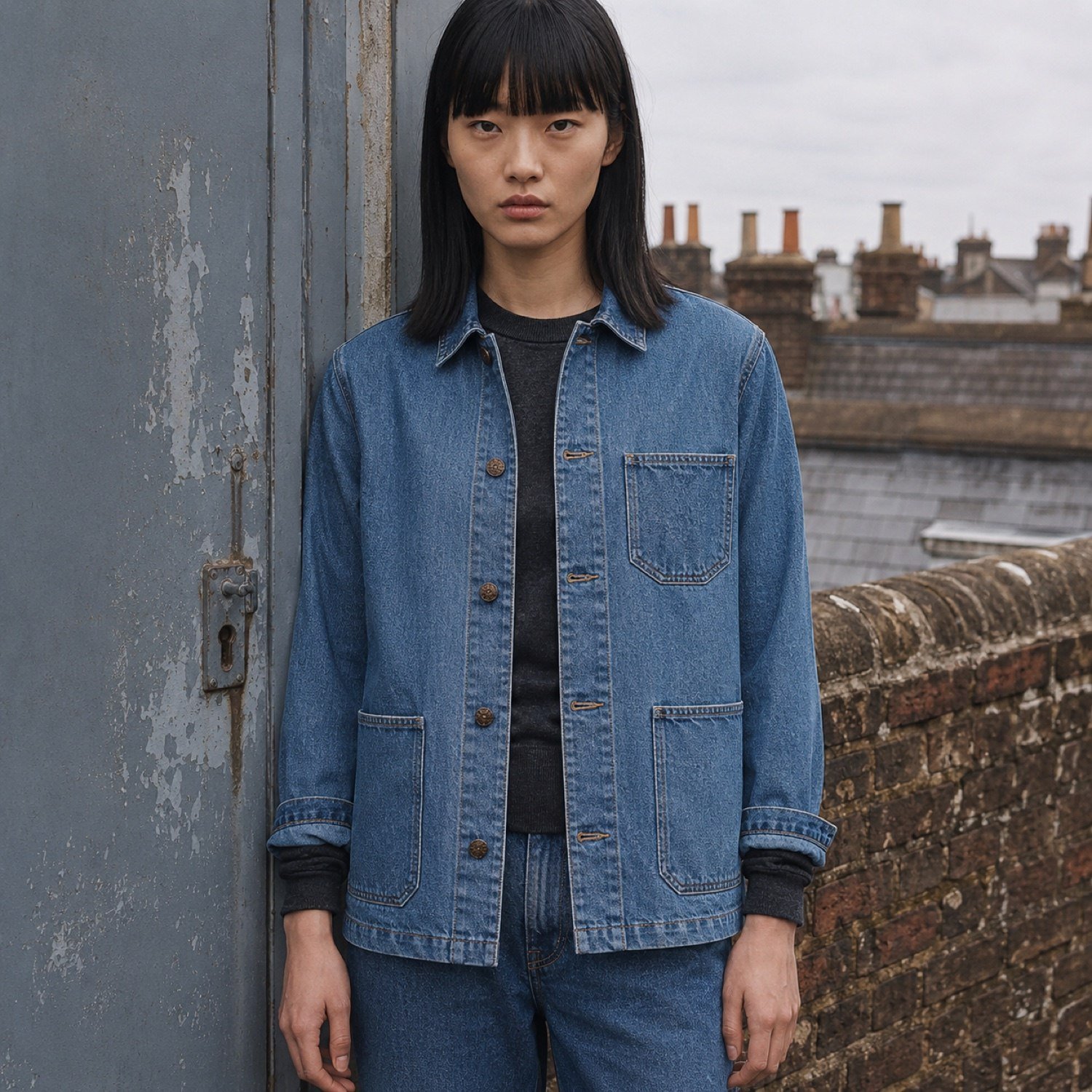 Broadwick Denim Chore Jacket — Denim Jackets by YOON SYM. worn by a model.