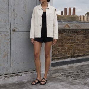 Beak Denim Chore Jacket — Denim Jackets by YOON SYM. worn by a model.