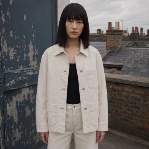 Beak Denim Chore Jacket — Denim Jackets by YOON SYM. worn by a model.