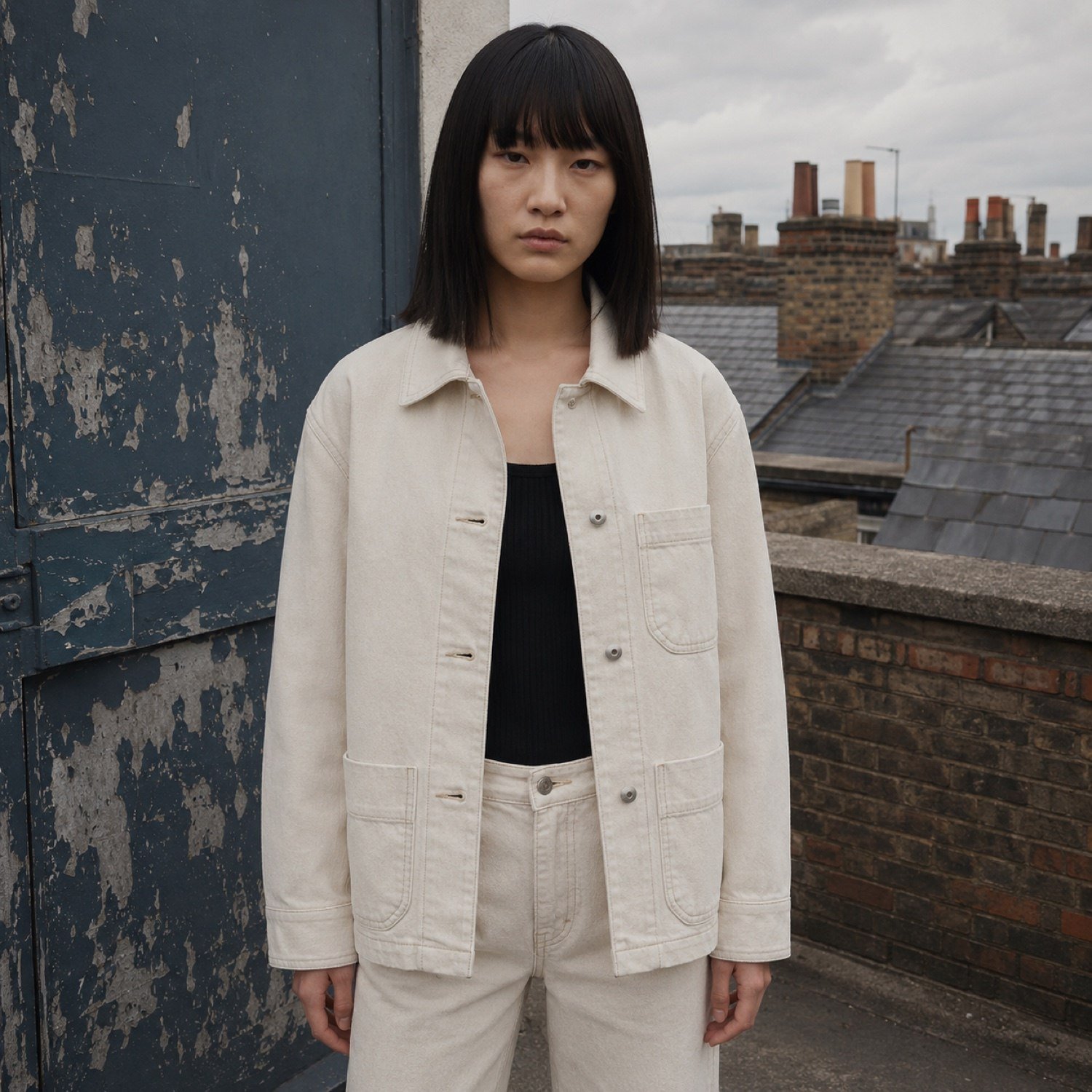 Beak Denim Chore Jacket — Denim Jackets by YOON SYM. worn by a model.