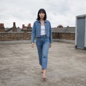 Noel Cropped Denim Jacket — Denim Jackets by YOON SYM. worn by a model.