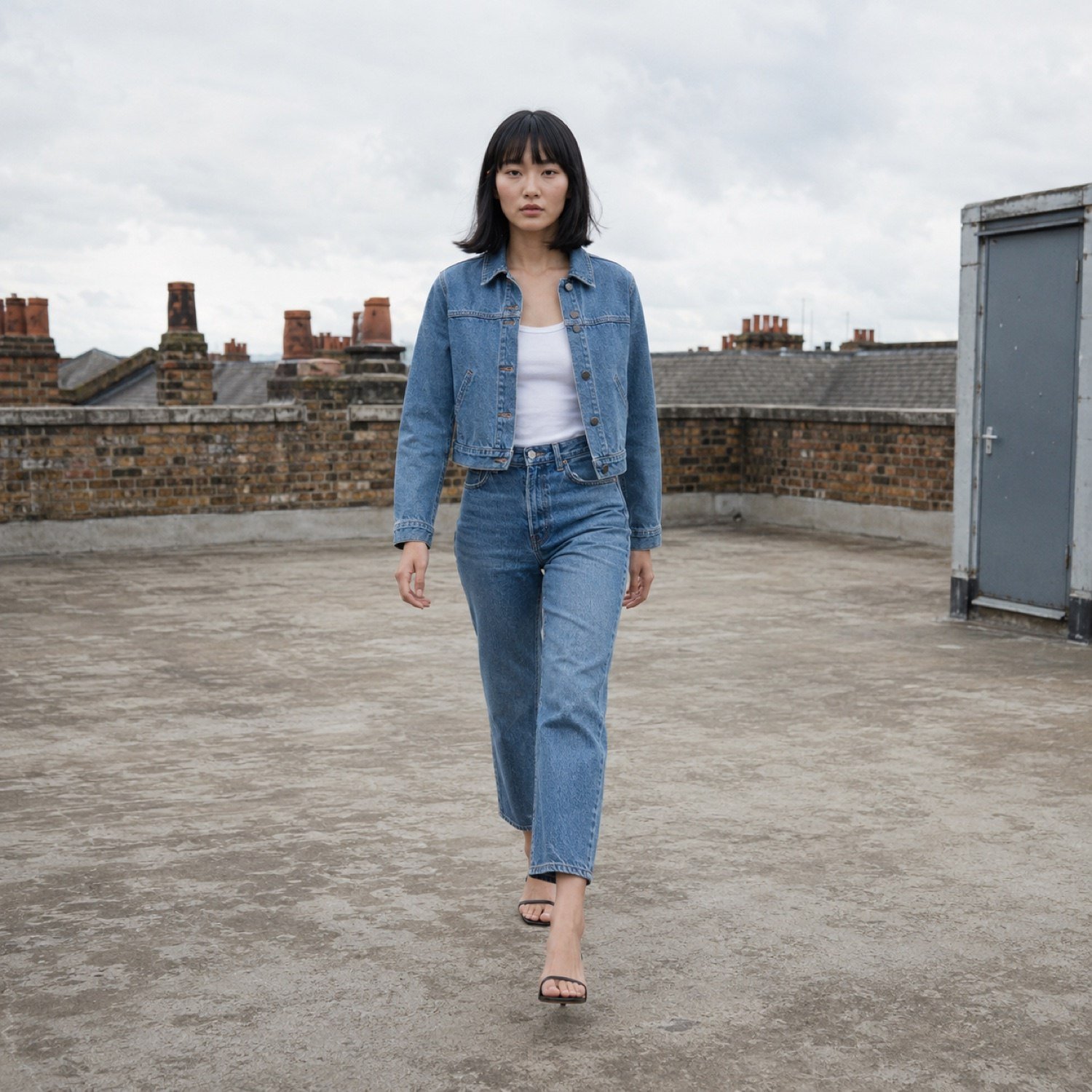 Noel Cropped Denim Jacket — Denim Jackets by YOON SYM. worn by a model.