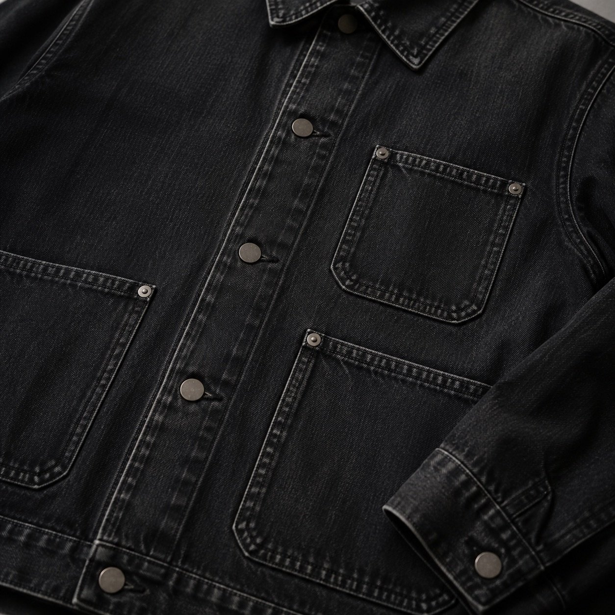 Argyll Denim Chore Jacket — Denim Jackets by YOON SYM. close detail of the fabric and finish.