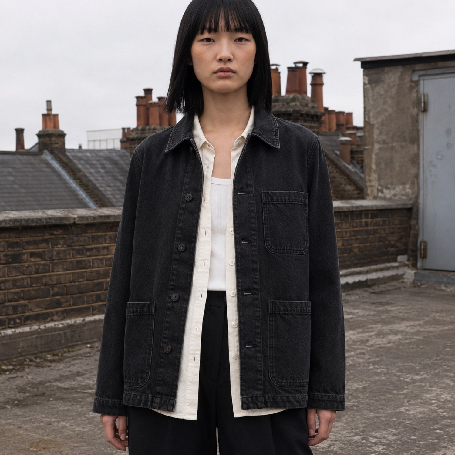 Argyll Denim Chore Jacket — Denim Jackets by YOON SYM. worn by a model.