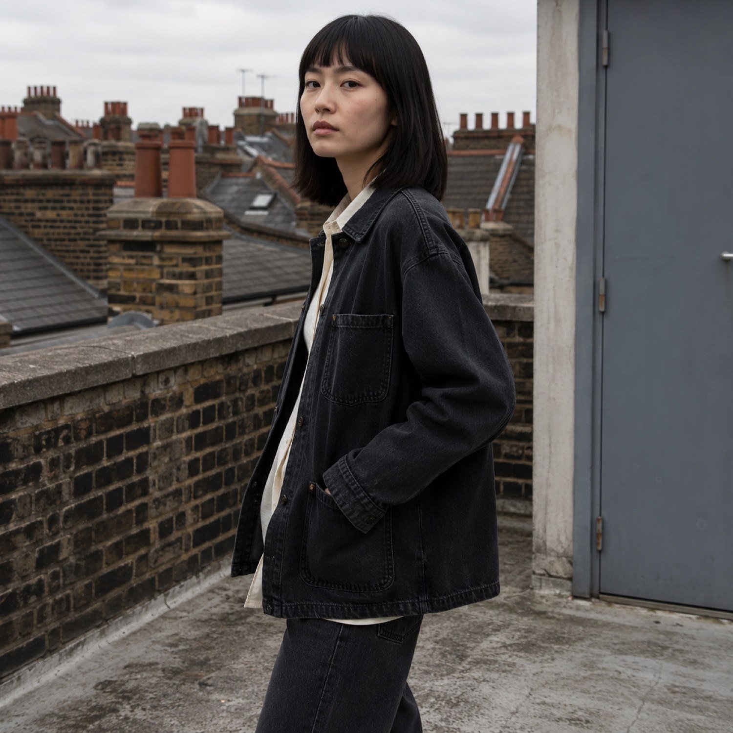 Argyll Denim Chore Jacket — Denim Jackets by YOON SYM. worn by a model, side view.
