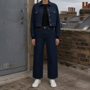 Silver Cropped Denim Jacket — Denim Jackets by YOON SYM. worn by a model.