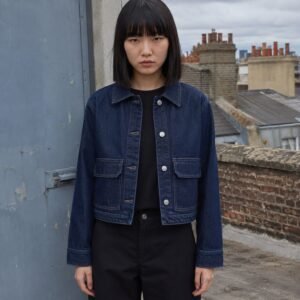 Silver Cropped Denim Jacket — Denim Jackets by YOON SYM. worn by a model.