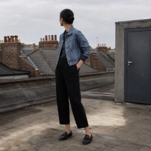 Ganton Cropped Denim Jacket — Denim Jackets by YOON SYM. worn by a model.