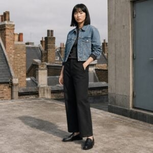 Ganton Cropped Denim Jacket — Denim Jackets by YOON SYM. worn by a model.