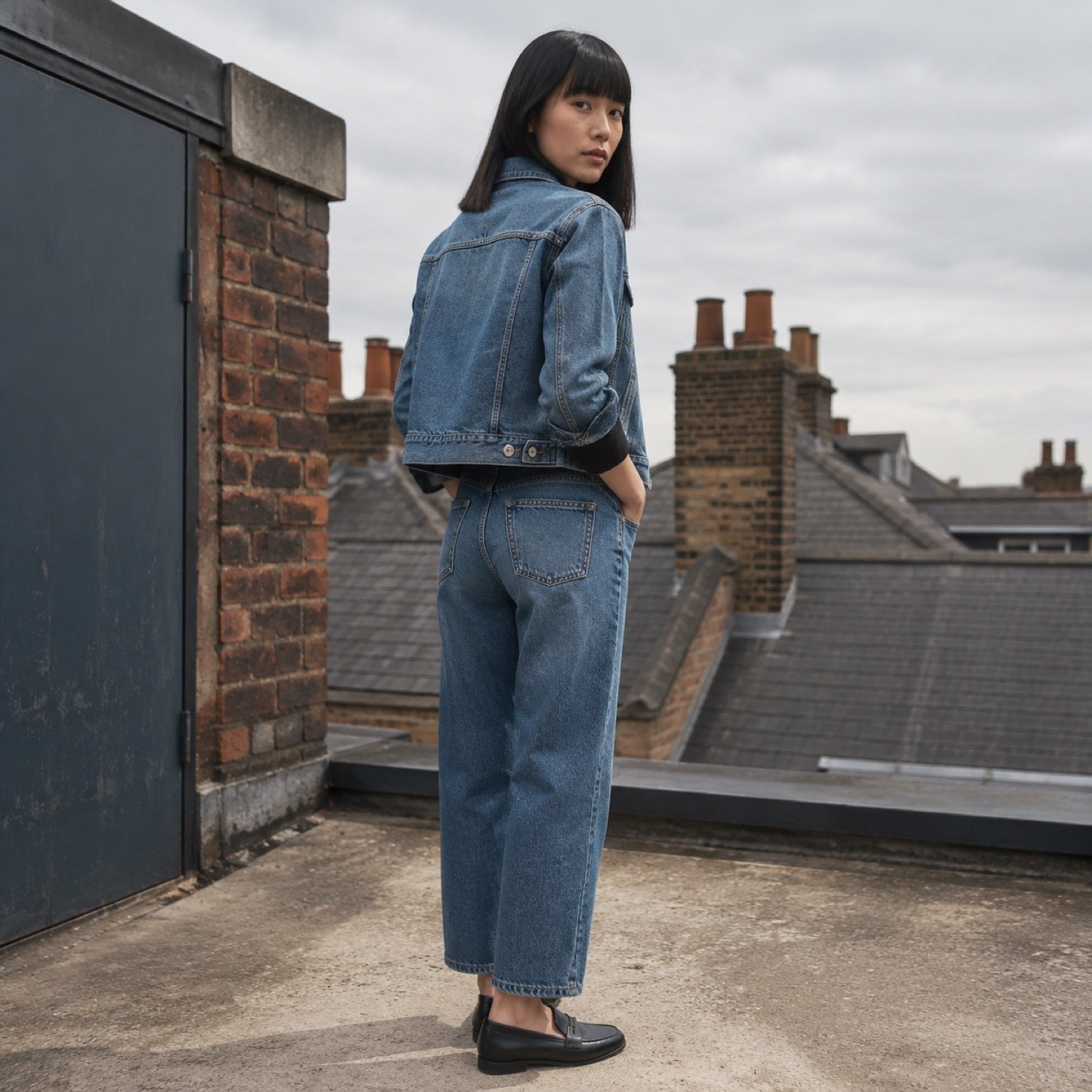 Ganton Cropped Denim Jacket — Denim Jackets by YOON SYM. worn by a model, side view.