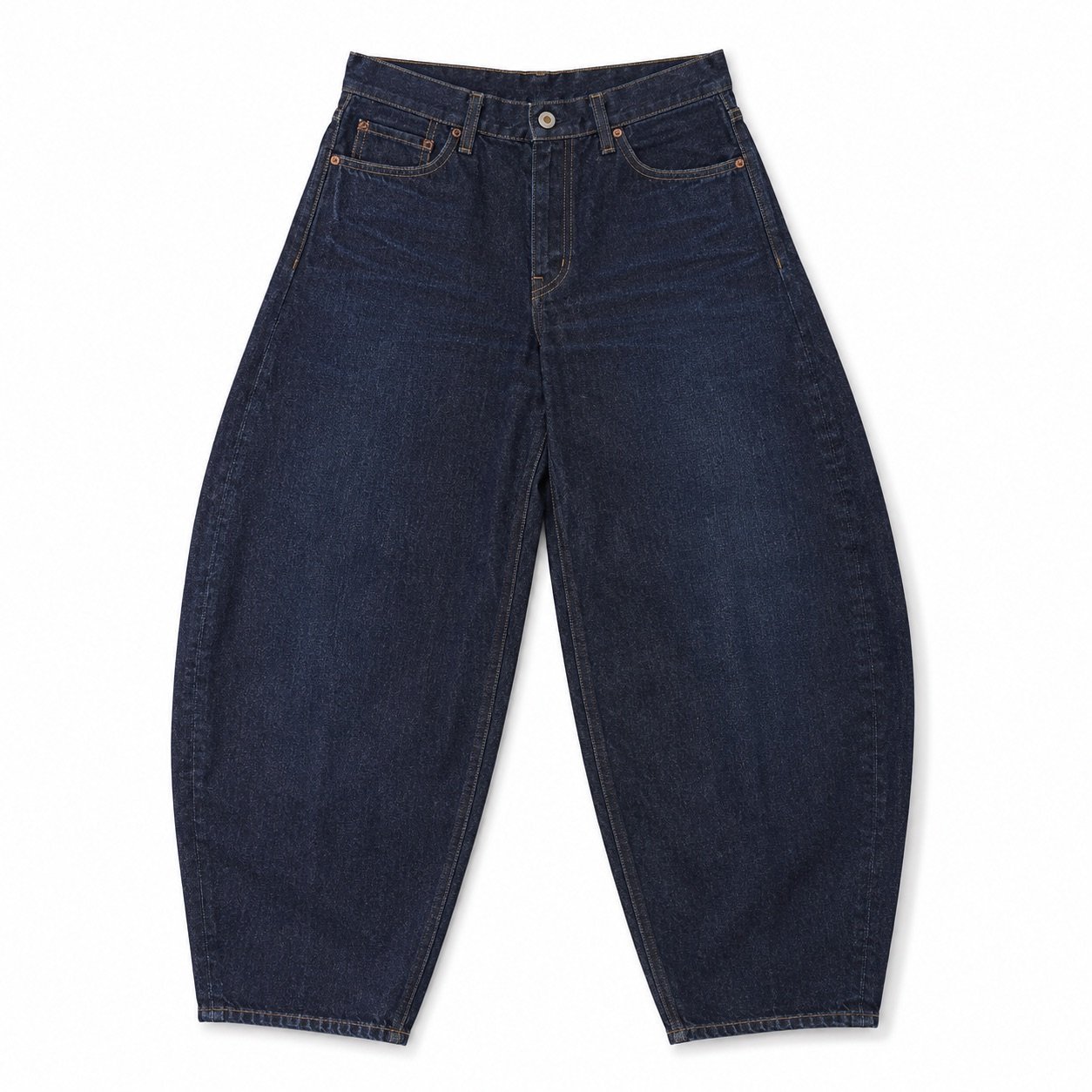 YOON SYM: Kingly Barrel Leg Jean, Jeans, photographed lying flat.