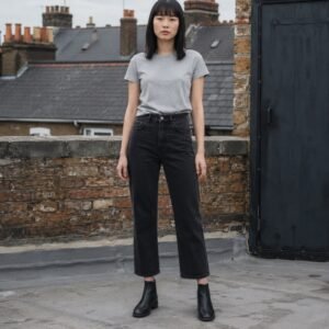 YOON SYM: Argyll Cropped Straight Jean, Jeans, photographed on a model.