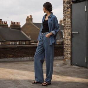 Foubert Oversized Denim Shirt — Denim Shirts by YOON SYM. worn by a model.