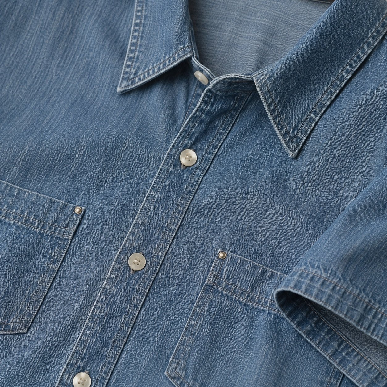Lexington Short Sleeve Denim Shirt — Denim Shirts by YOON SYM. close detail of the fabric and finish.