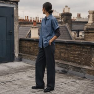 Lexington Short Sleeve Denim Shirt — Denim Shirts by YOON SYM. worn by a model.