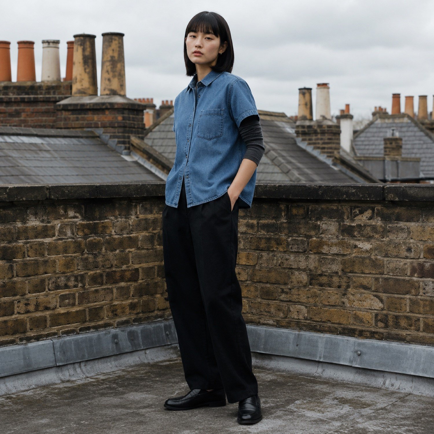 Lexington Short Sleeve Denim Shirt — Denim Shirts by YOON SYM. worn by a model.