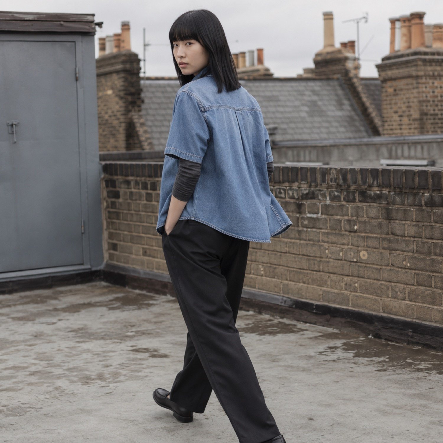 Lexington Short Sleeve Denim Shirt — Denim Shirts by YOON SYM. worn by a model, side view.
