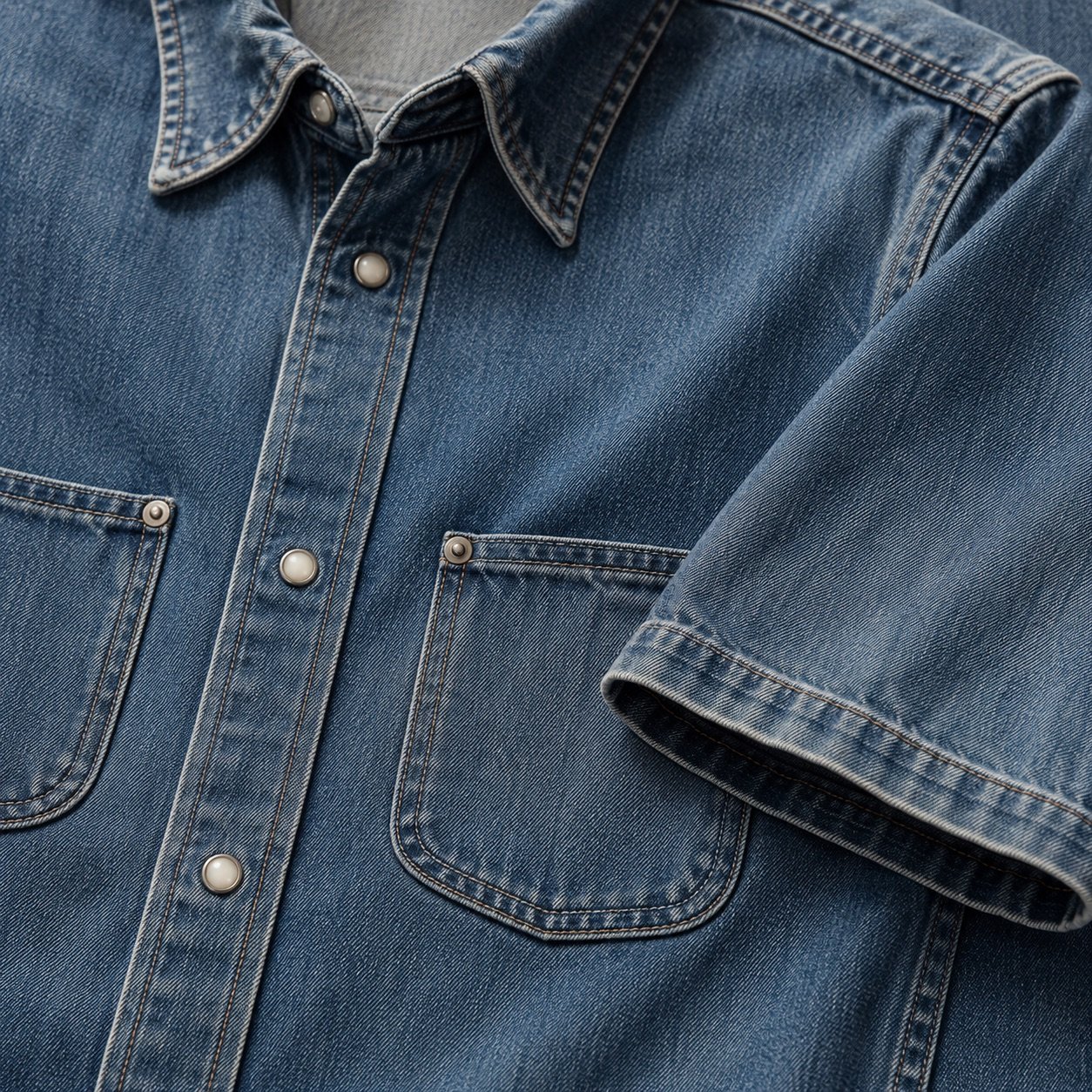 Golden Short Sleeve Denim Shirt — Denim Shirts by YOON SYM. close detail of the fabric and finish.