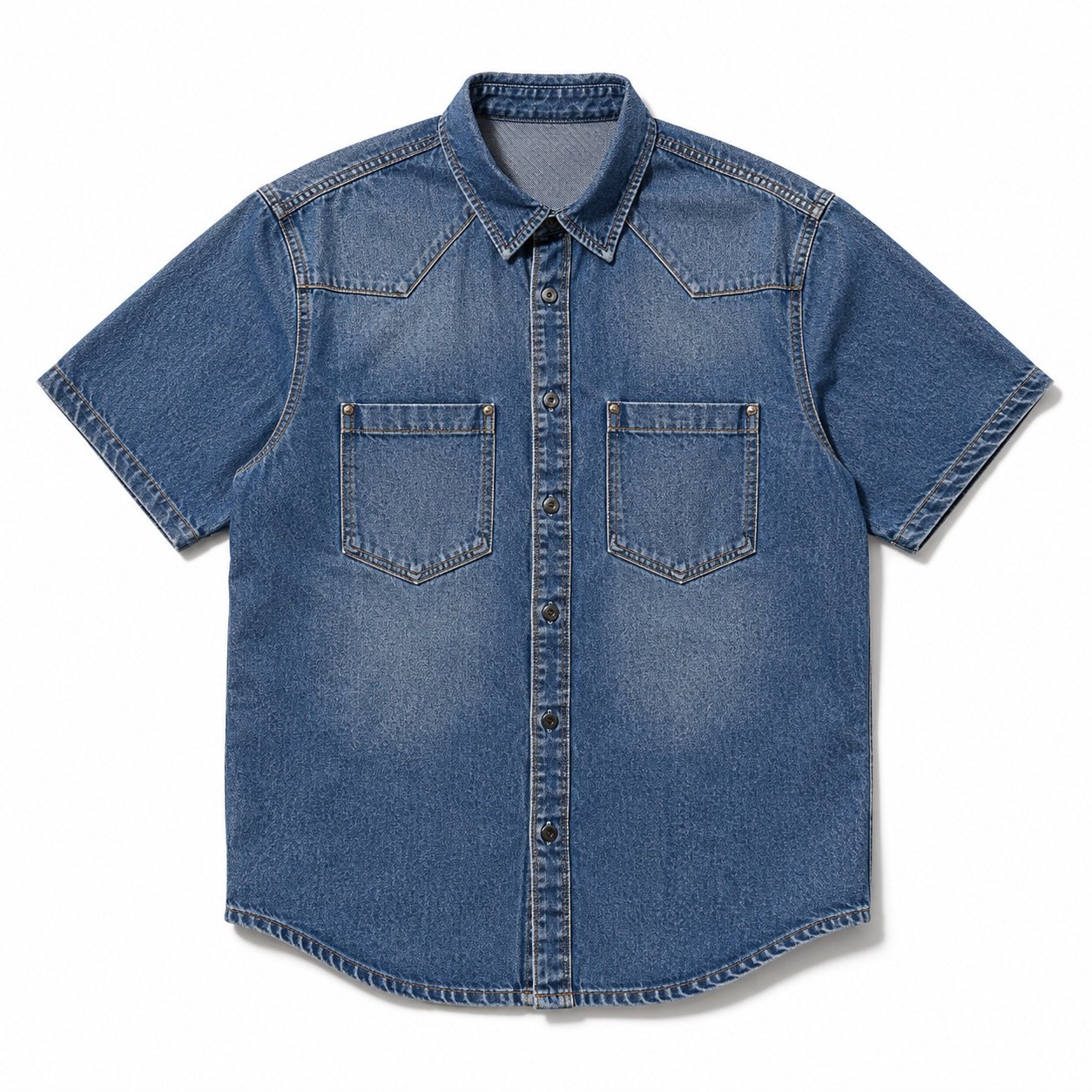 Golden Short Sleeve Denim Shirt — Denim Shirts by YOON SYM. product photograph on a white background.