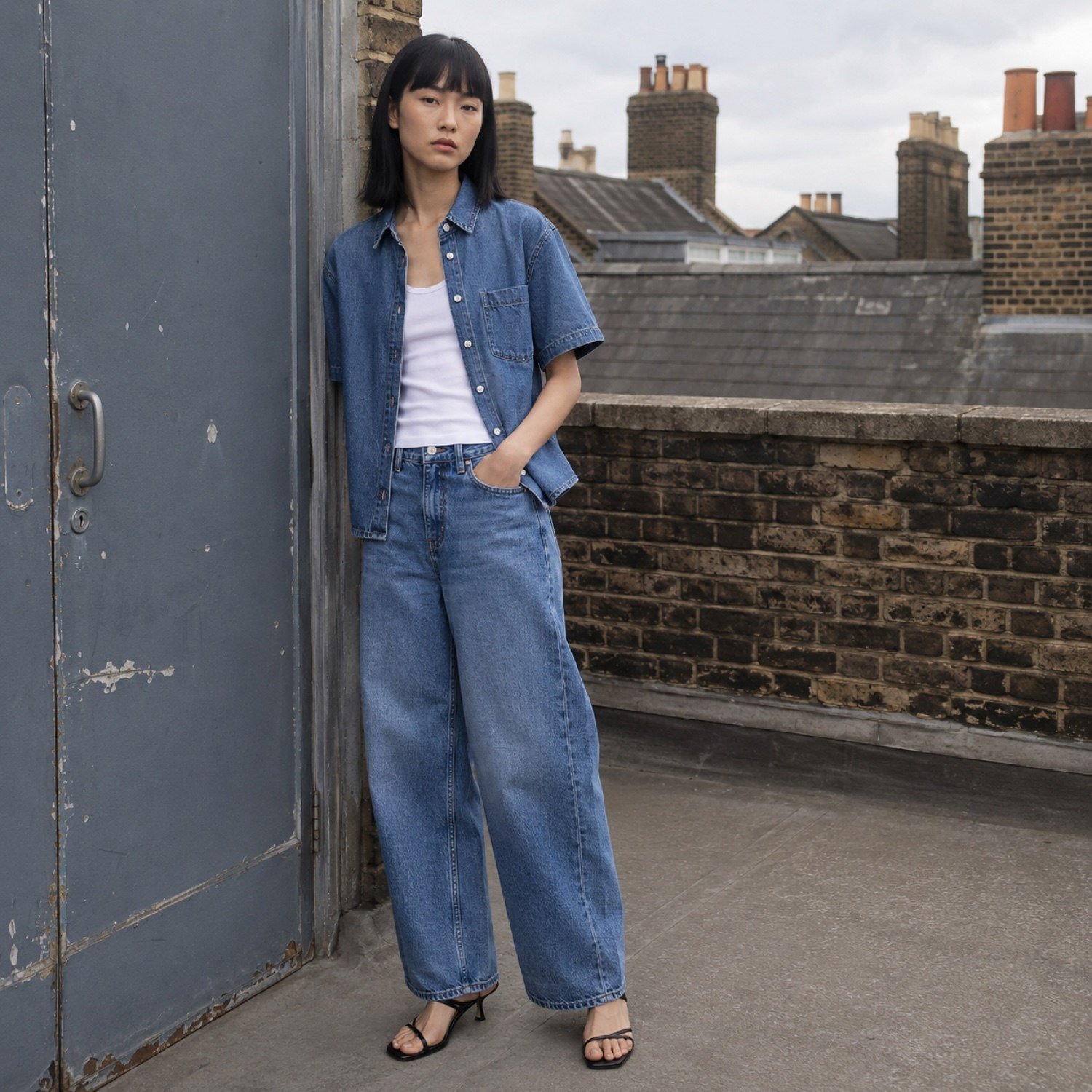 Golden Short Sleeve Denim Shirt — Denim Shirts by YOON SYM. worn by a model.