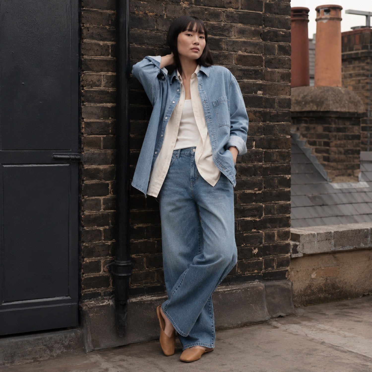 Soho Oversized Denim Shirt — Denim Shirts by YOON SYM. worn by a model.