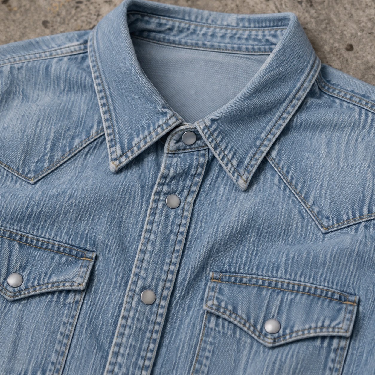 Beak Western Denim Shirt — Denim Shirts by YOON SYM. close detail of the fabric and finish.