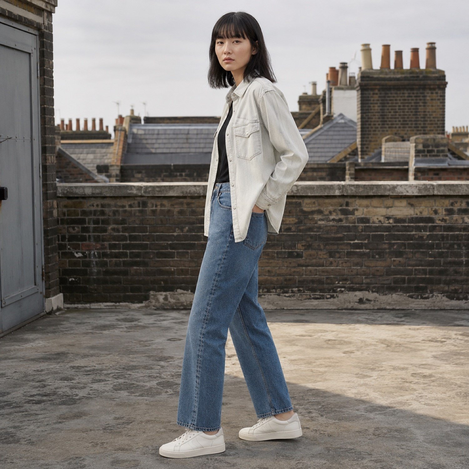 Beak Western Denim Shirt — Denim Shirts by YOON SYM. worn by a model, side view.