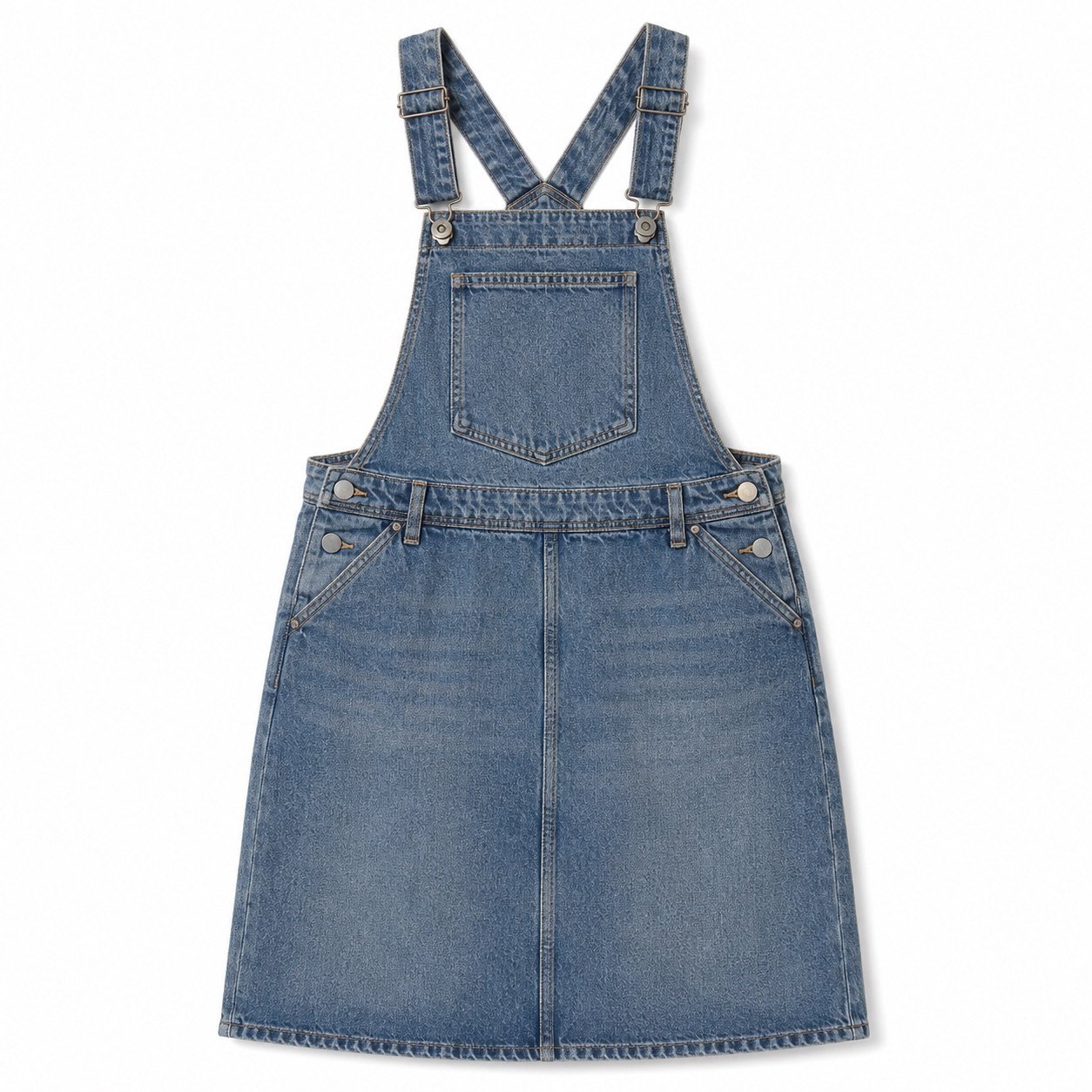 YOON SYM: Soho Denim Pinafore Dress, Skirts & Dresses, photographed lying flat.