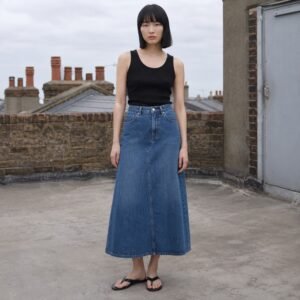 YOON SYM: Berwick A-Line Denim Skirt, Skirts & Dresses, photographed on a model.