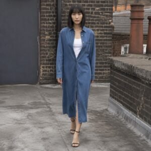 YOON SYM: Bridle Denim Shirt Dress, Skirts & Dresses, photographed on a model.